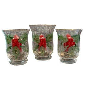 Set Of 3 Elements Christmas Holly Hurricane Glass Candle Holders Hand Painted